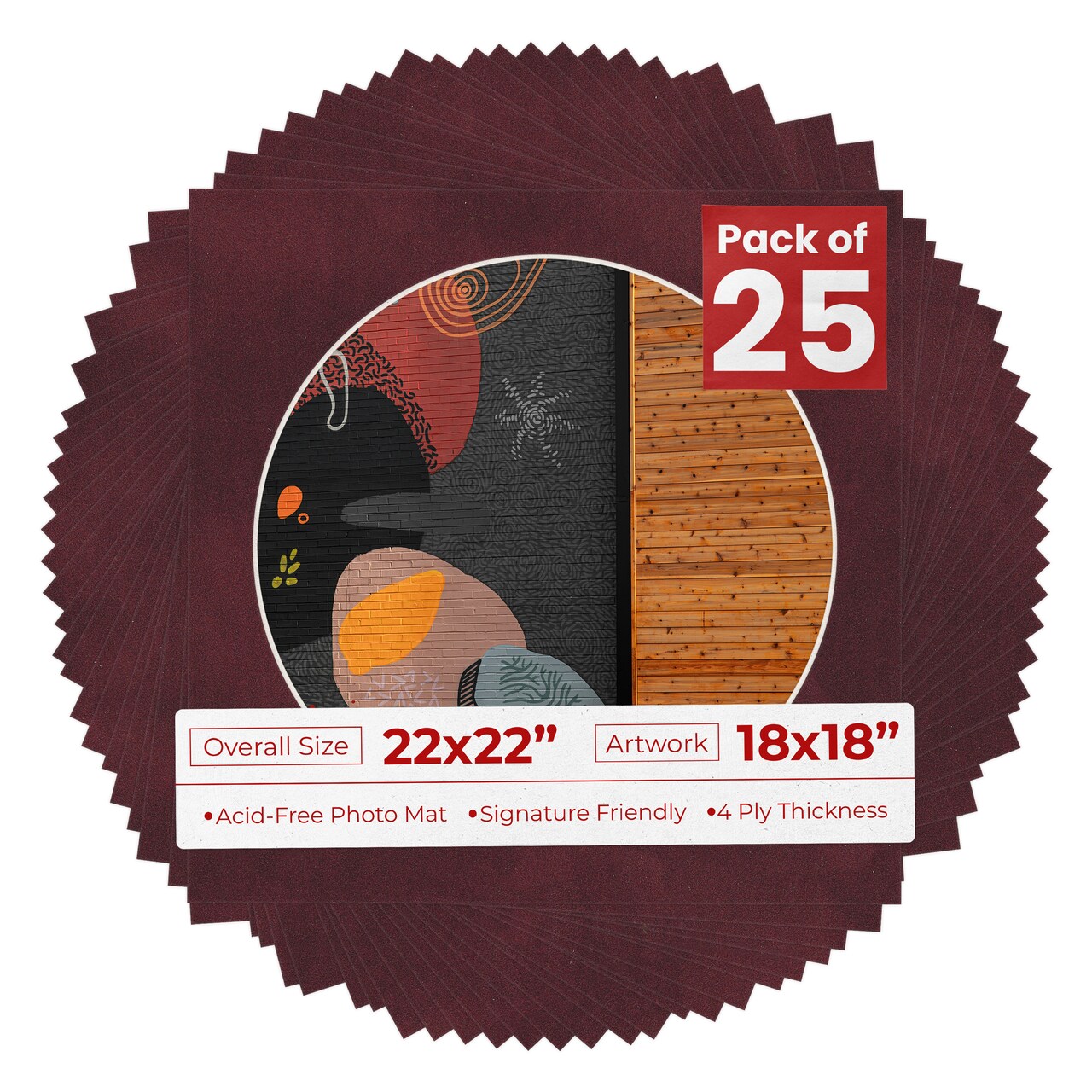 Dark Red Suede Mat Board for 22x22 Frames - Circle Opening for 18x18 Photos